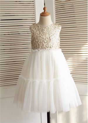 Matte Sequin Ivory Tulle Knee Length Ruffled Flower Girl Dress